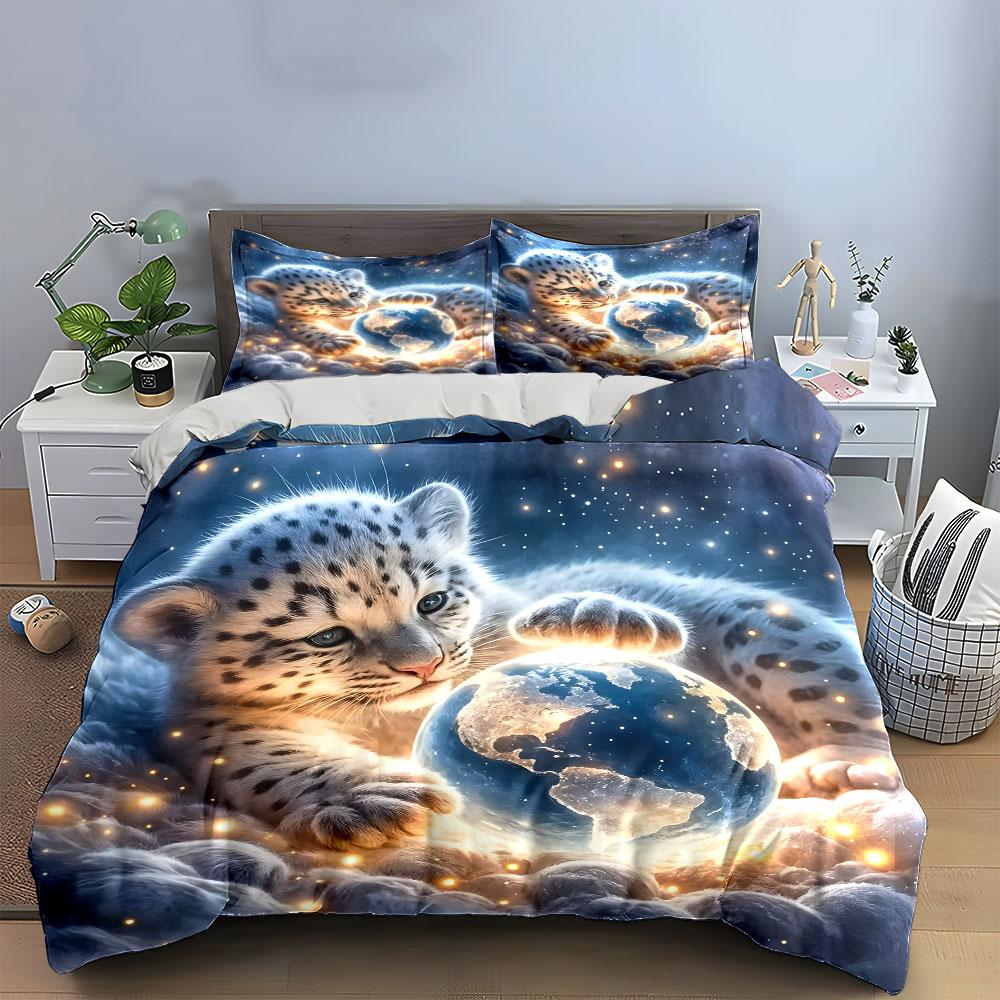 Snow Leopard with Glowing Earth Bedding Duvet Cover Set (1*Duvet Cover 2*Pillowcases, without duvet insert)
