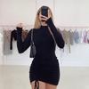 Spring Autumn High-neck Purple Long-sleeved Pleated Lace-up Dress