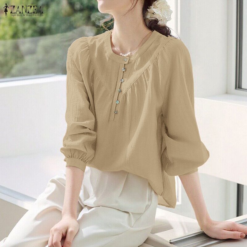 ZANZEA Women Casual Round Neck Solid Color Long Sleeve Cover Up Blouse