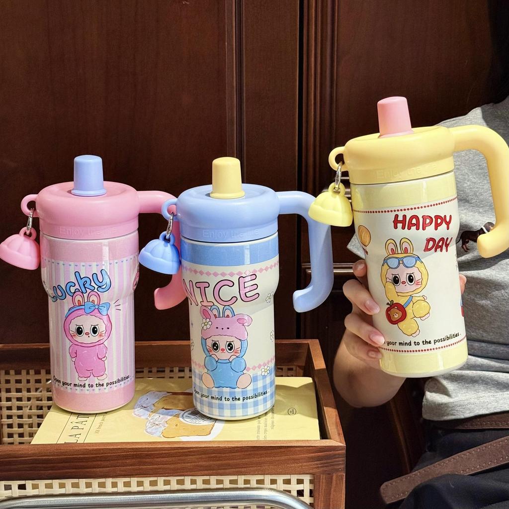 Cartoon Handle Straw Cup Stainless Steel Vacuum Thermos Cup Household Water Cup Office Desktop Cup Gift Cup