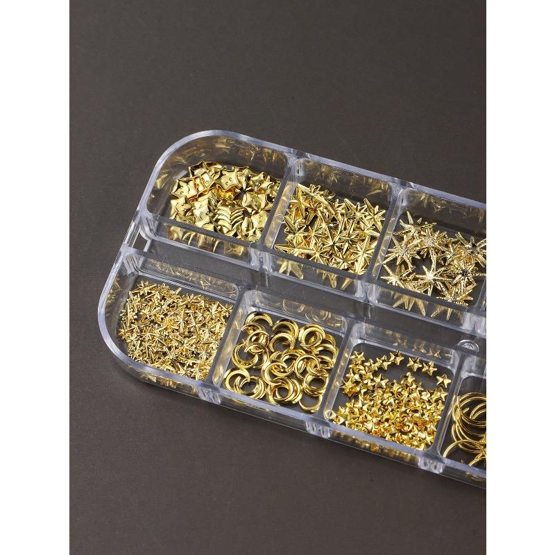 12 Grids Gold Moon Star Metallic Nail Charms 3D Y2K Jewelry Rhinestones Steel Ball Nail Art Decoration Manicure Supply Diy Nail Supplies