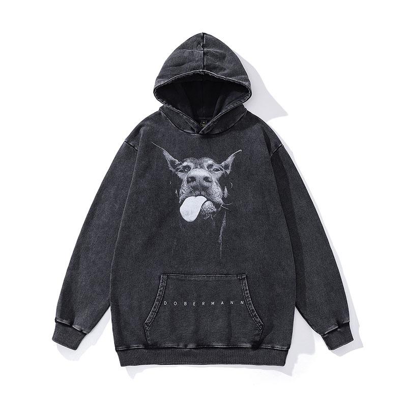 Trendy Brand American High Street Retro Doberman Direct Injection Printing Washed Long-Sleeved T-Shirt Men'S Loose Vintage Top