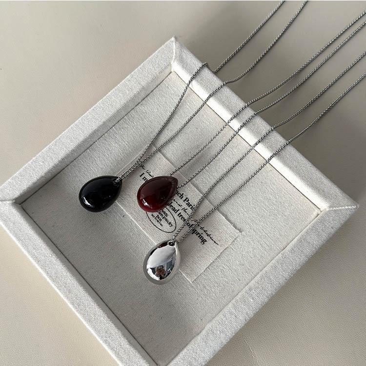 Minimalist Black Titanium Steel Water Drop Pendant Necklace for Women