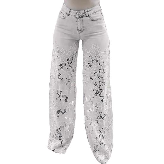 Casual Baggy Wide Leg Denim Pants with Lace Patchwork and Floral Hollow Out Design