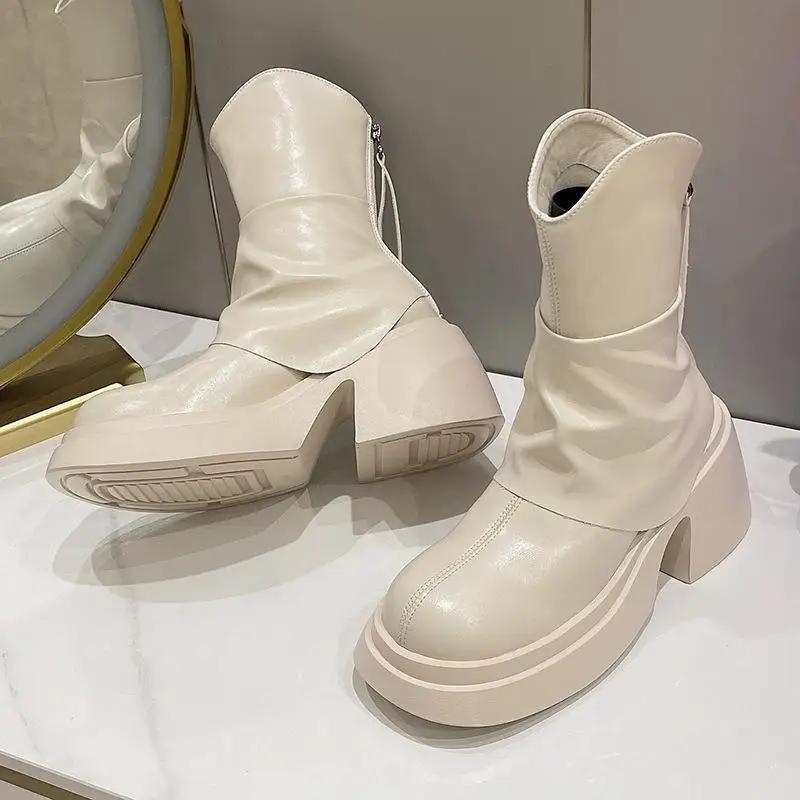 British Round Toe Thick Sole Versatile Retro Boots for Women  New Summer Slimming, Small Stature Taller Short Boots