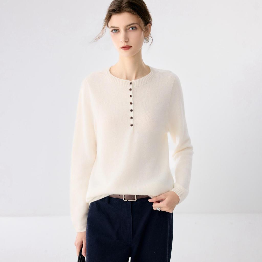 Lekasha Women's 7-Gauge Cashmere Half-Zip Round Neck Button-Up Sweater