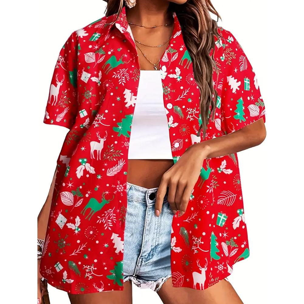 Stile Hawaiano Stampa 3D Monopetto Donna Camicia Hawaiana Moda Collo a Revers T-Shirt Estiva Manica Corta Donna