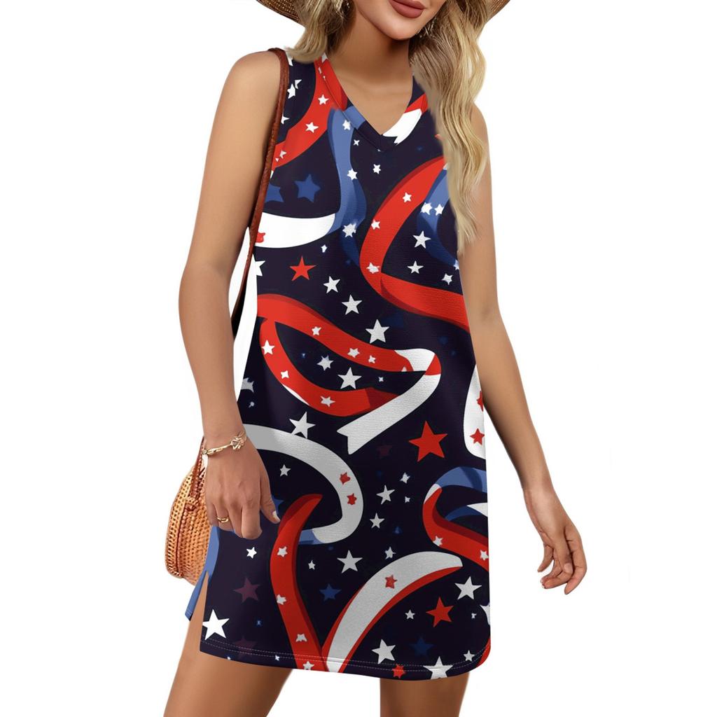 Rochie de vară casual de plajă cu gât în V pentru femei, fără mâneci, cu imprimeu de Ziua Independenței