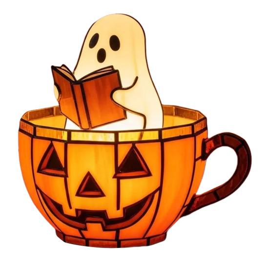 Ghost Reading Book Lamp Cute LED Ghost Reading in Pumpkin Cup Halloween Night Light for Bedroom Tabletop Decor