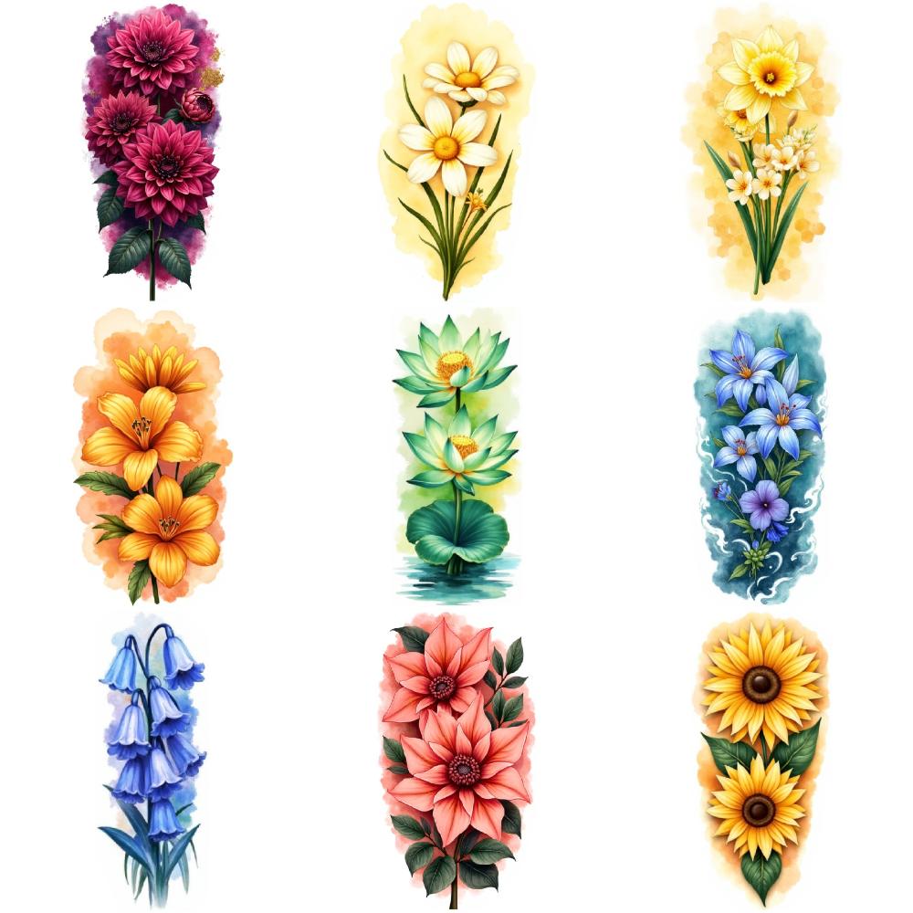 9pcs Temporary Tattoo Waterproof Long-lasting Body Stickers Sunflowers Peonies Orchids For Back Adult Male