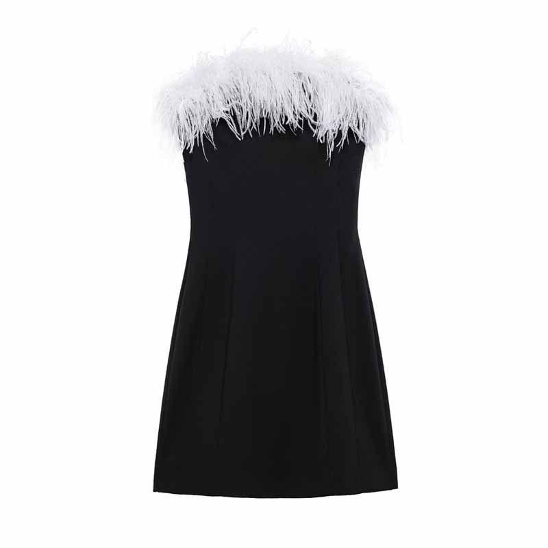 

European American Women s Clothing Fashionable Slim Feather Elastic Tube Top Short Dress M чорний