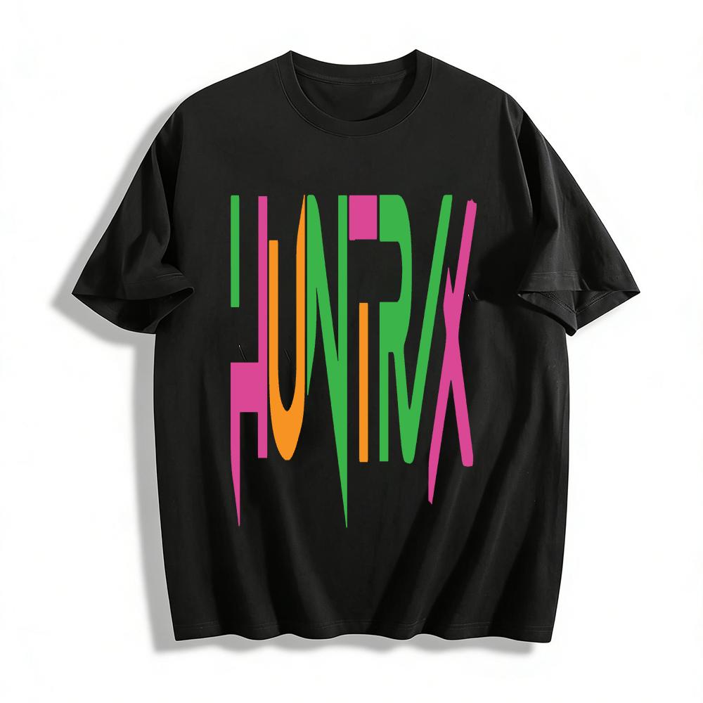 HUNTRX Color Block Letter Print Casual T-Shirt Unisex Loose Breathable Daily Top Pure cotton T-shirt XXS