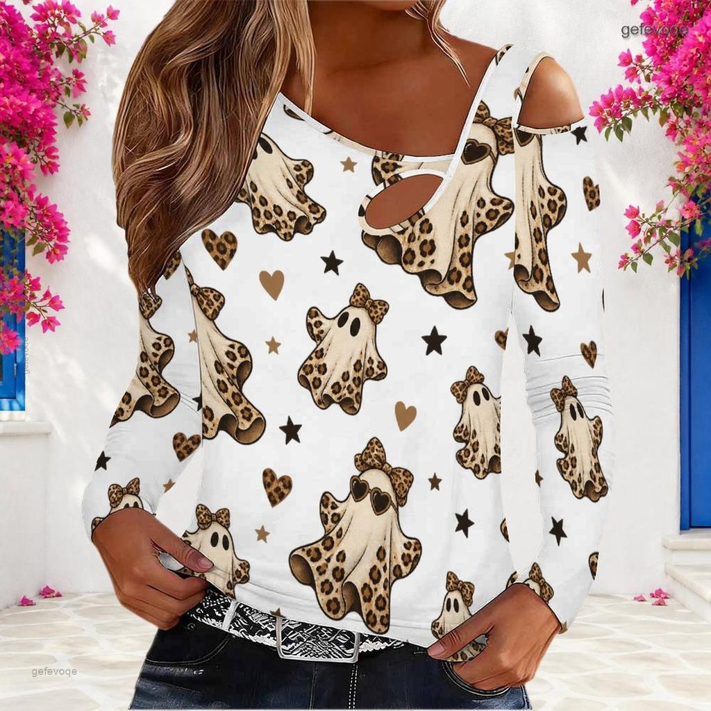 Women Plus Size Asymmetric Cutout Neck Cold Shoulder Long Sleeve Leopard Cherry Printed White Fitted Top