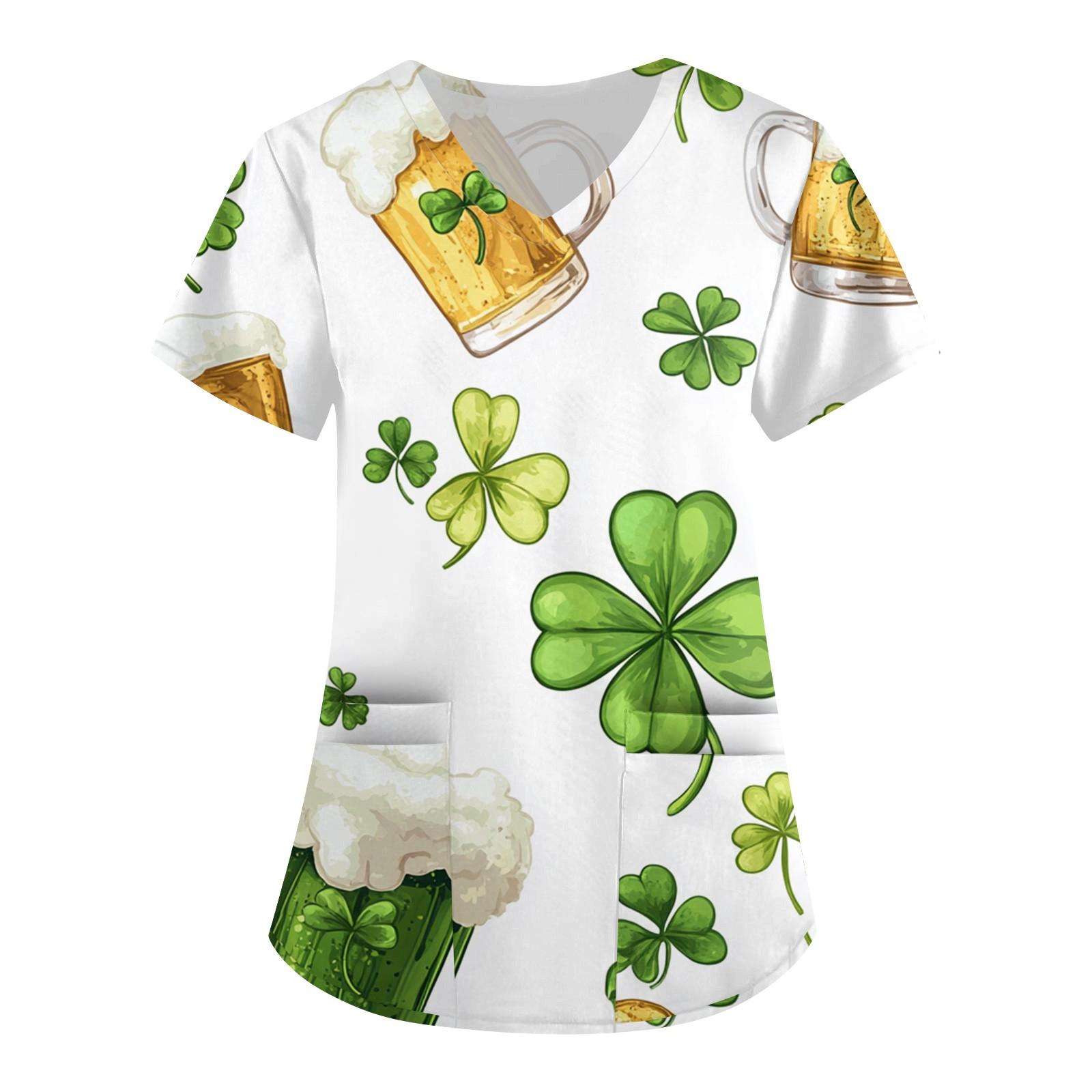 Women s Fashion Short-Sleeve Sleeve St. Patrick s Day Print V-Neck Pocket Workwear Top L