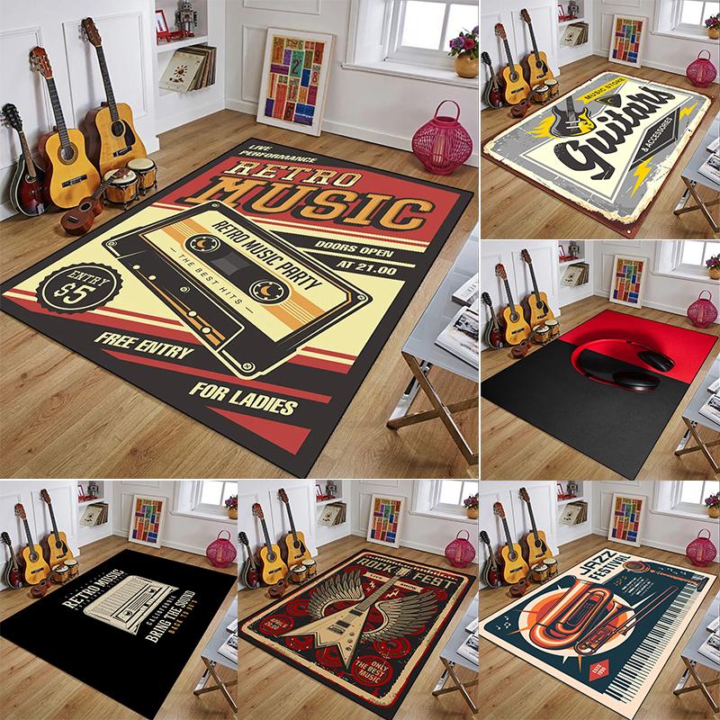 Retro Music Theme Area Rug with Cassette Jazz Guitar Rock Patterns Absorbent Floor Mat for Living Room Bedroom Home Decor
