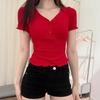 Dieses Retro-T-Shirt mit V-Ausschnitt und kurzen Ärmeln ist ein neuer Sommerstil für Frauen, mit hoher Elastizität, eng anliegend und ein figurschmeichelndes und vielseitiges Oberteil.