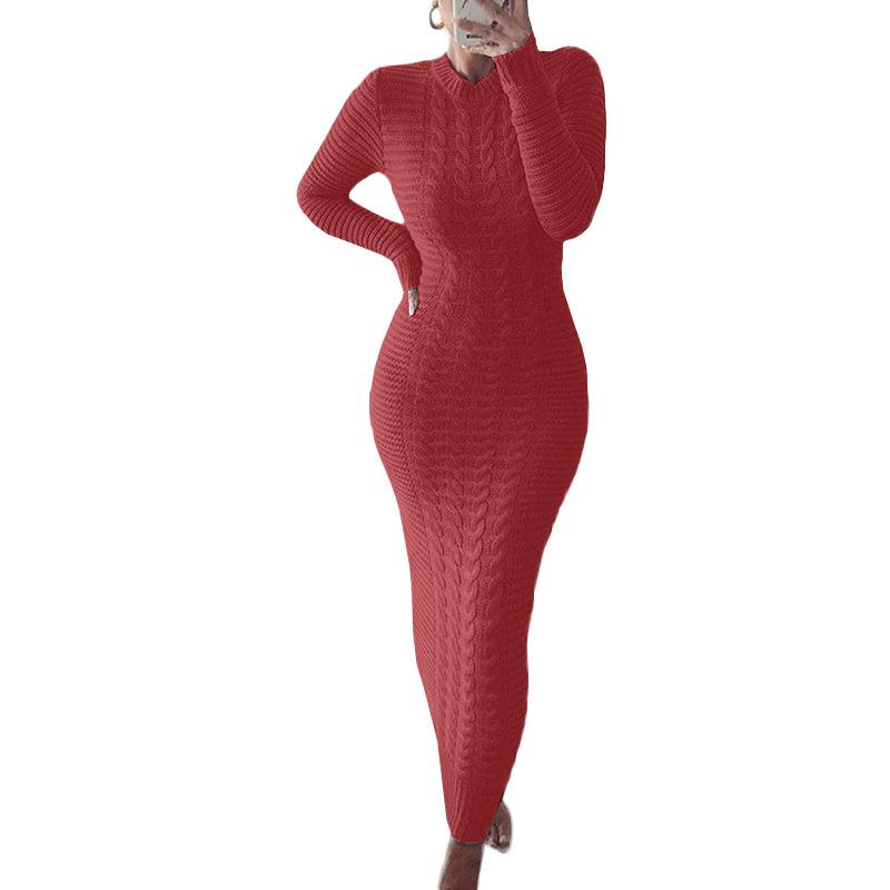 Autumn/Winter Women's Cable Knit Long-Sleeve Wool Dress