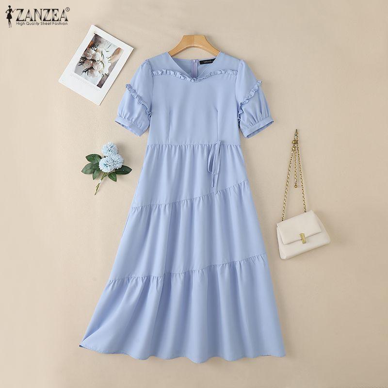 ZANZEA Women Casual V-Neck Loose Summer Short Sleeve Long Dress