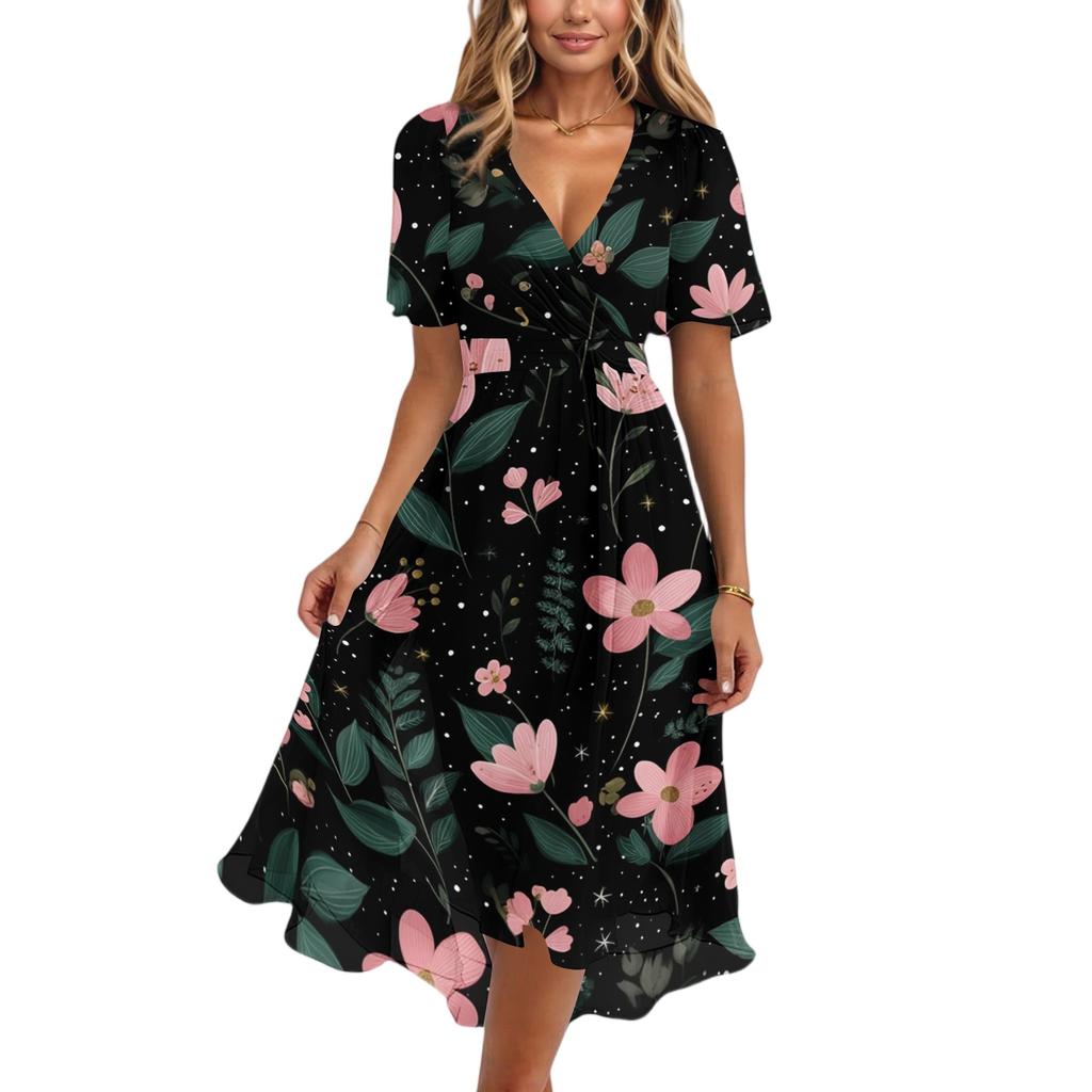 Women's Casual V Neck Short Sleeve Floral Print Dress Lightweight Midi Length Summer Dress with Wrap Style and Flared Hem