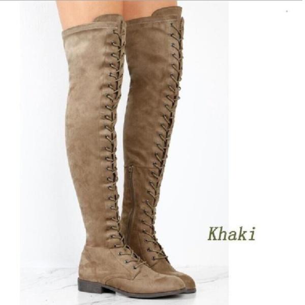 

Длинные зимние ботинки с круглой головкой для женщин, модные женские высокие сапоги длиной до колена со скрещенными ремнями и боковой молнией 35 хаки