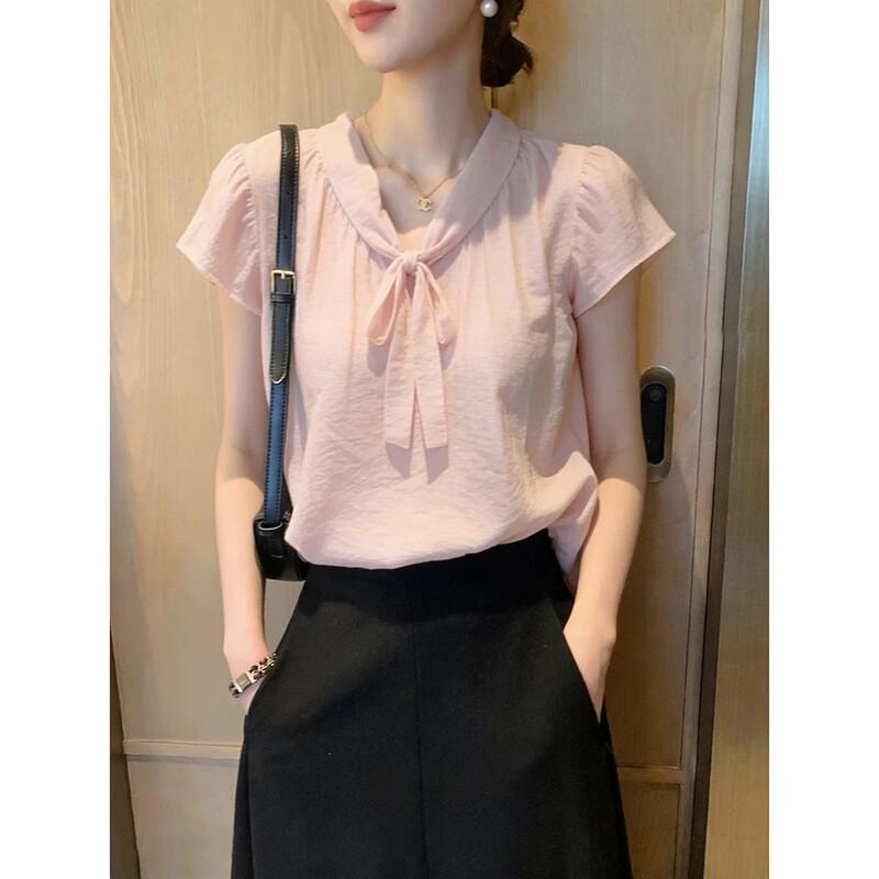 La Chapelle Women's Elegant V-Neck Bow-Tie T-Shirt