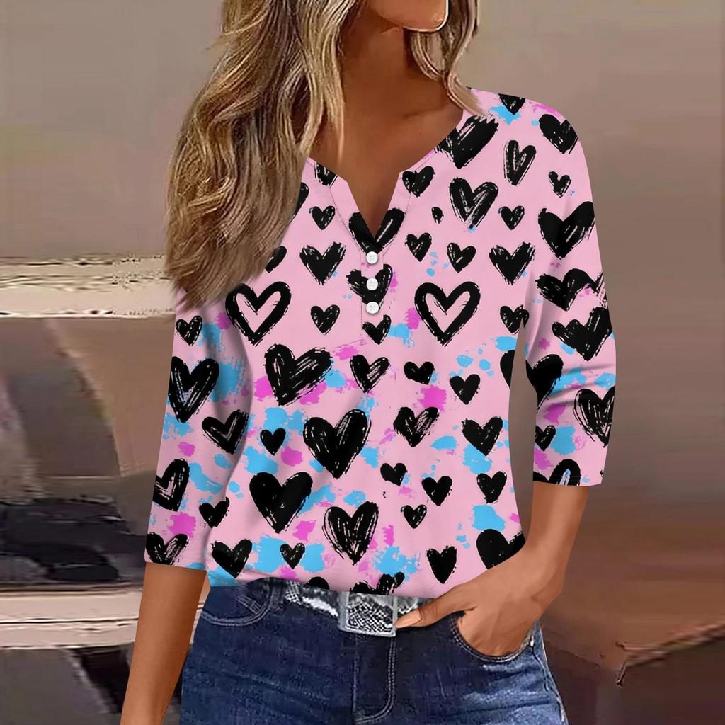 Women's Fashion Button-Up V-Neck Three-Quarter Sleeve Valentine's Day Print Top
