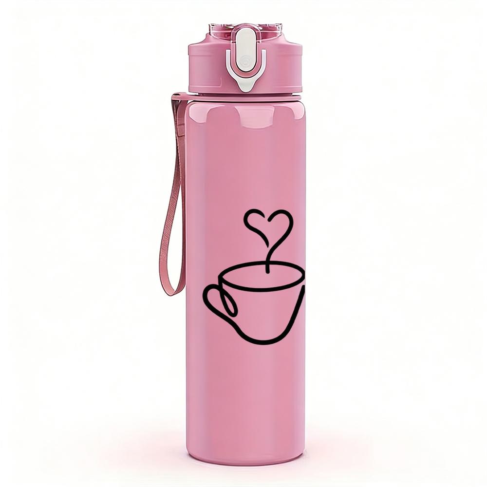 1PC Three Coffee Cup Heart Outline 750ml Color Plastic Sports Water Bottle Leakproof Flip Straw Lid Suitable for Sports Office Home Use