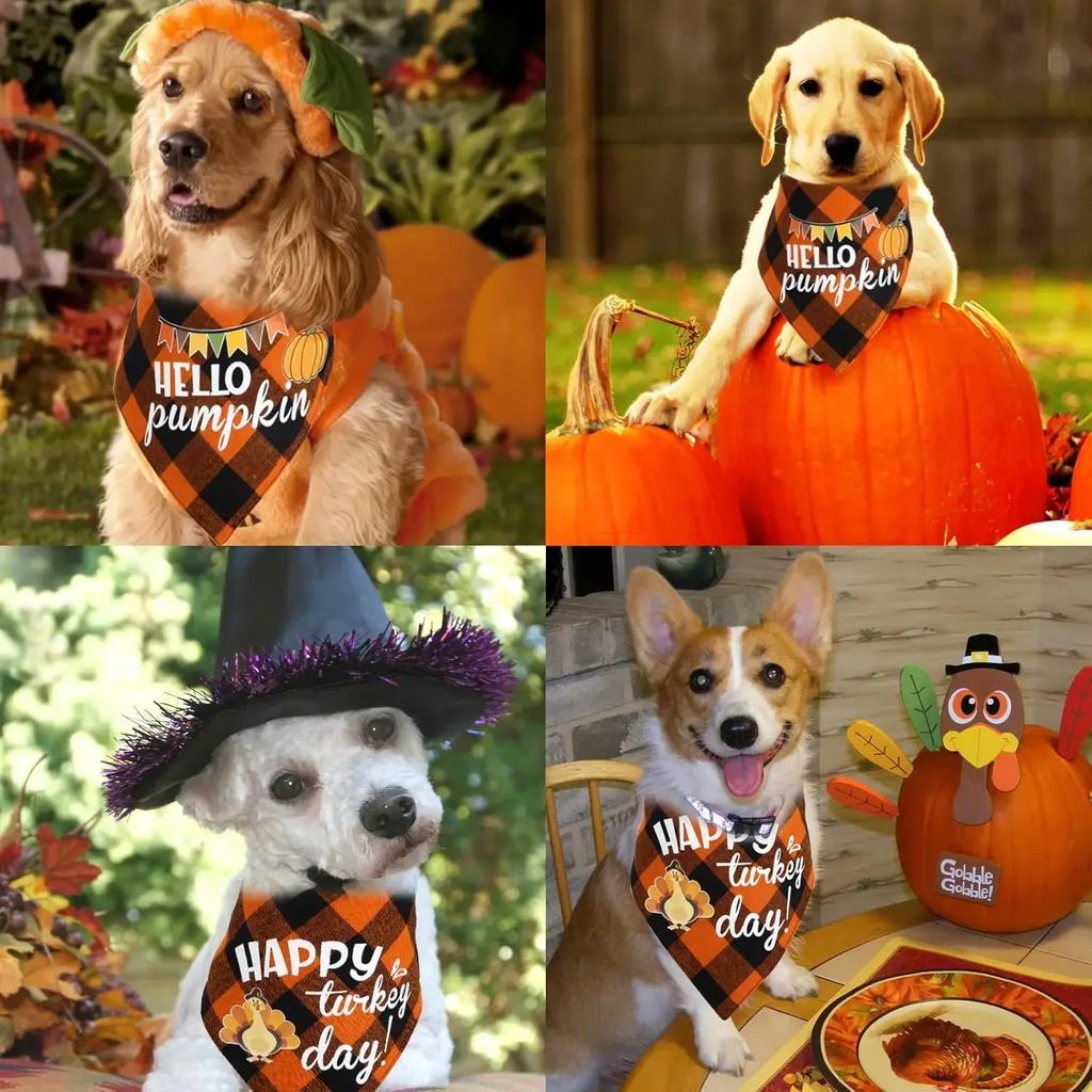 Pet Bandanas Halloween Reversible Dog Bandana Adjustable Classic Plaid Style Thanksgiving Dog Bandana Pet Accessories