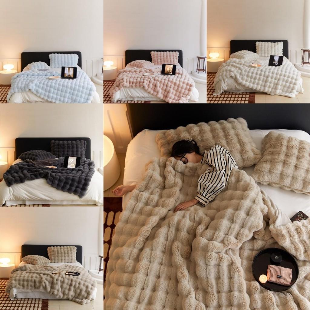 Elegant Toscanian Ins Style Thick Warm Faux Rabbit Fur Blanket Soft Cozy Cover In White