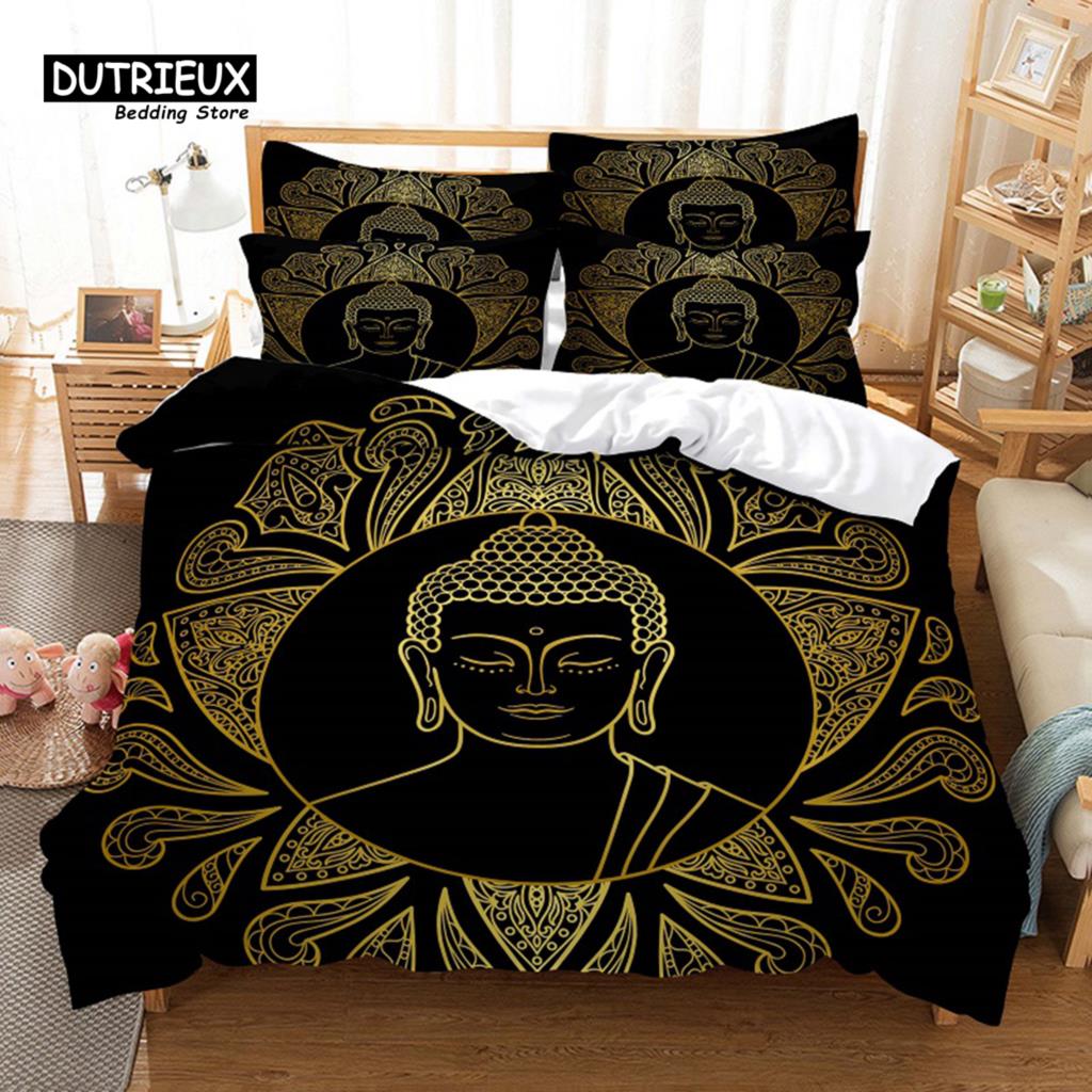 Buddhism Bedding Set, 3Pcs Duvet Cover Set, Soft Comfortable Breathable Duvet Cover, For Bedroom Guest Room Decor