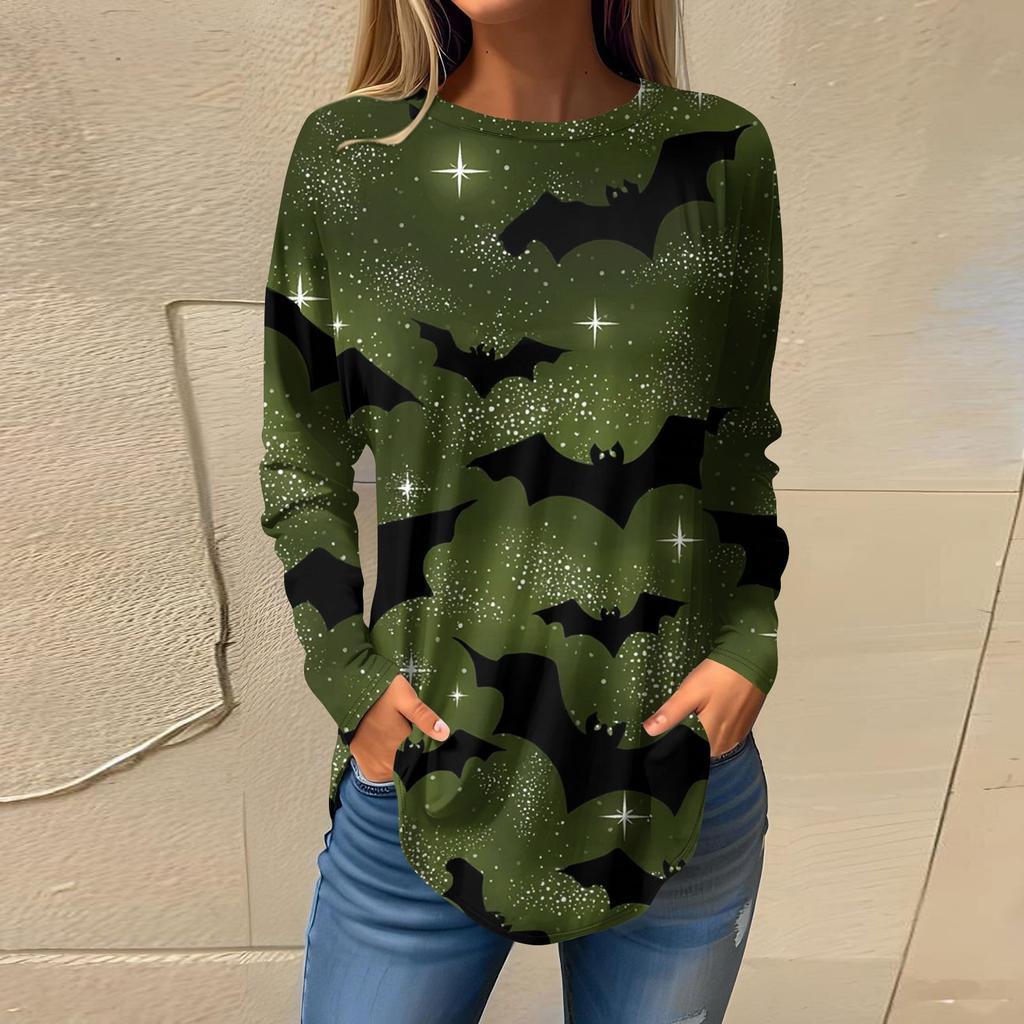 Women's Fashion Loose Round Neck Halloween Printed Long Sleeve T-Shirt Top Pullover