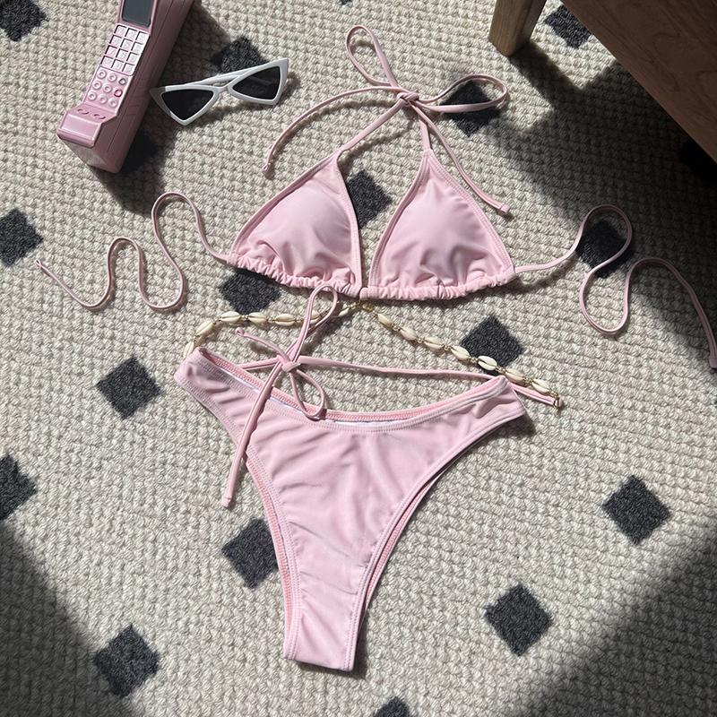 

Комплект бикини Женский Сексуальный купальник Ракушечная цепочка Халтер На шнуровке Двухкомпонентный Женский купальник Модный Купальный пляжный пляжная одежда L розовый