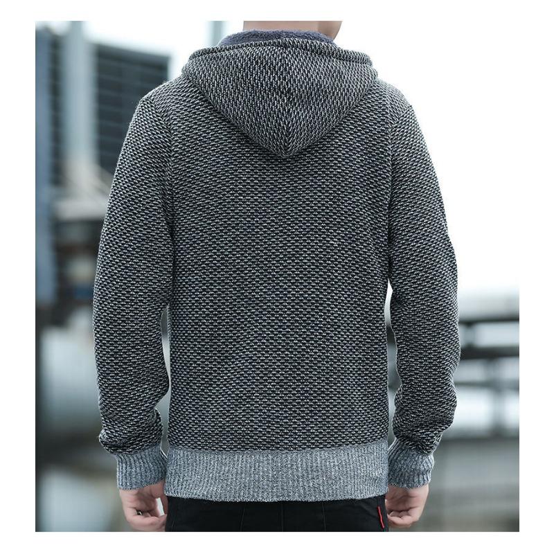 Gestrickter Pullover für junge und mittelalte Männer Cardigan Jacke Plus Samt Verdickt Mit Kapuze Einfarbiger Pullover