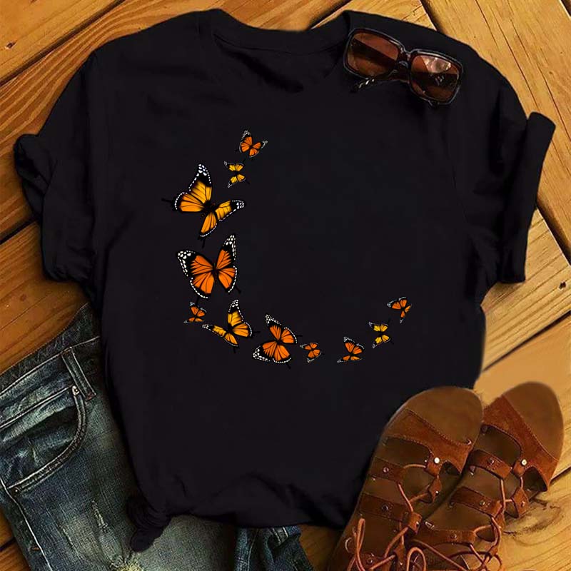 Women Flower Butterfly Fashion Print T Shirt Casual Short Sleeve Ladies T Tee Female Top Shirt Clothes Womens Graphic T-shirt