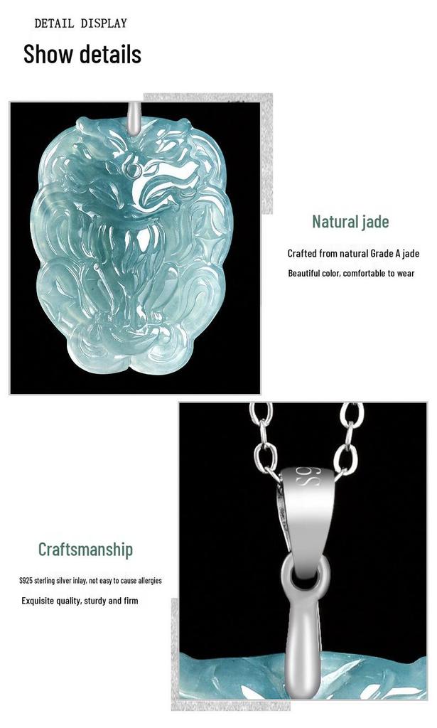 A-Grade Blue Water Nine-Tailed Fox Ice Jade Pendant with S925 Silver Inlay