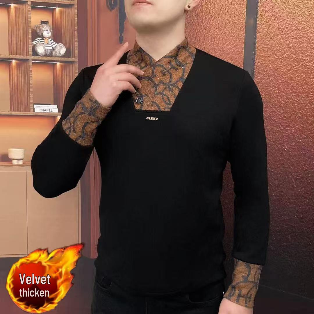 European Trendy Men s Fleece-Lined Winter Pullover with Scarf Collar - Luxury Base Layer Undershirt XXL