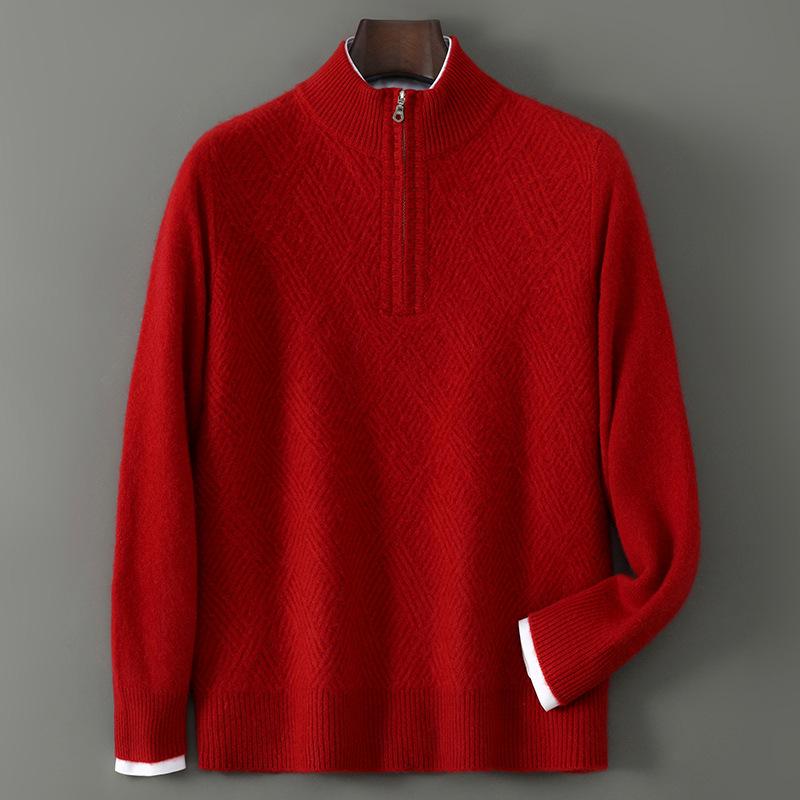 Men's Pure Wool Half-High Collar Zipper Sweater – Thick, Loose, Fashionable, Warm, and Skin-Friendly Layering Shirt