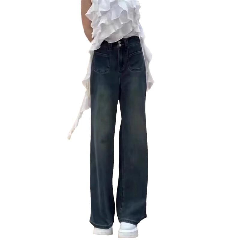 Damen Retro Blaue High-Waist Weitbeinjeans - Übergröße, Gerader Schnitt, Schlankmachendes Birnenform-Design für den Herbst