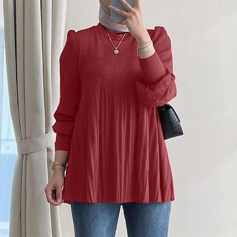 

ZANZEA Women Casual Round Neck Loose Long Sleeve Pleated Blouse M вина червоного кольору