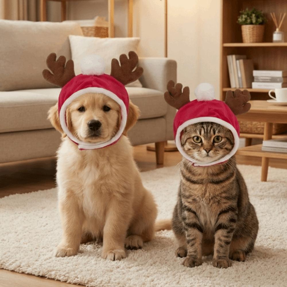 Adjustable Dog Reindeer Hat Warm Pet Calming Hood Cat Antler Hat  Festival Photo Prop