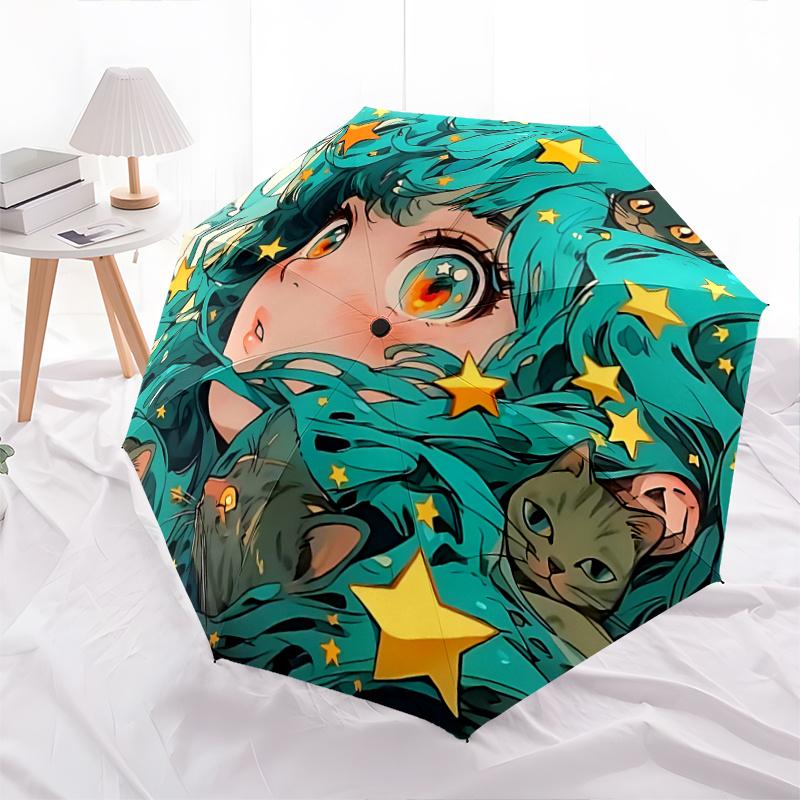 1pc Starry Night Adventure Automatic Opening Folding Umbrella with Cats & Stars Design - Perfect for Fans, Travelers, Everyday Use, Festive Gift!