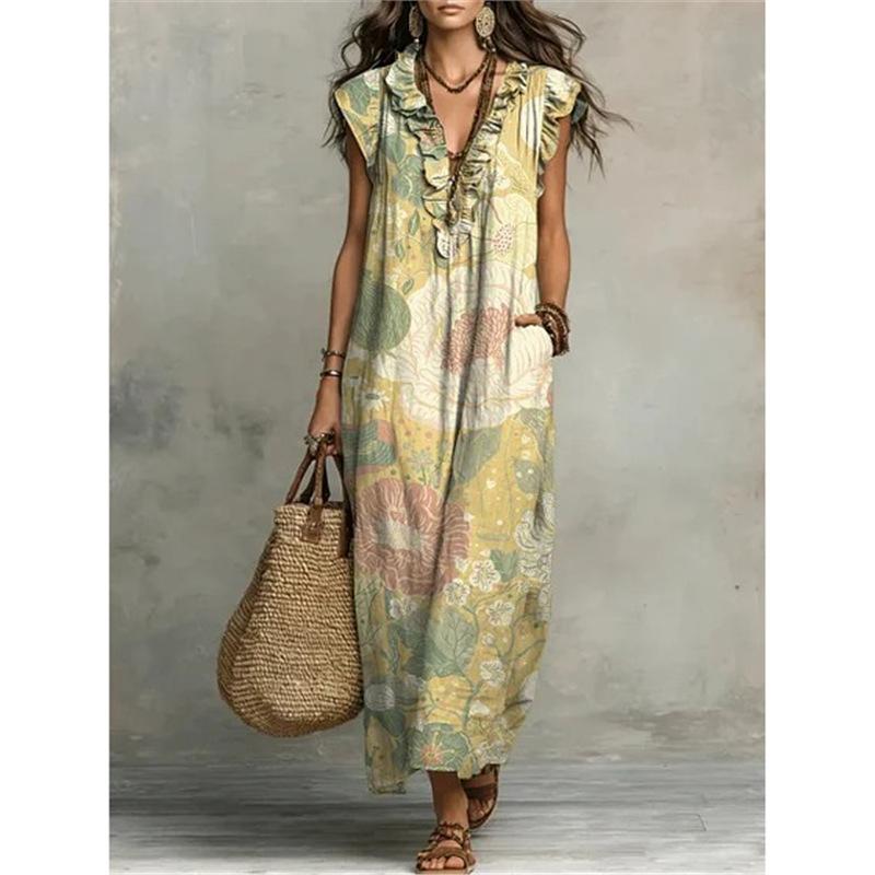 Y2 retro printed large flower dress V-neck ruffle edge sleeveless pocket loose holiday dress - bamboo hemp S