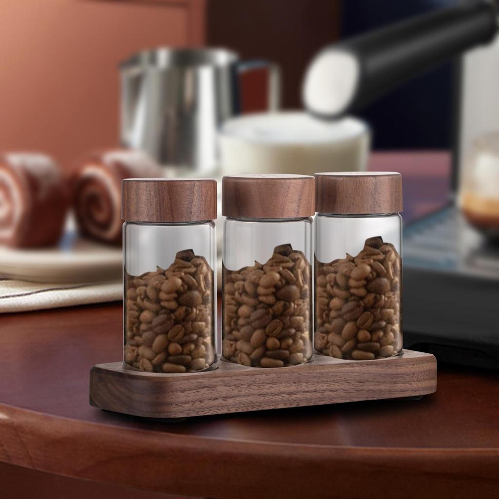 Coffee Bean Storage Set, Tubes, Tea Display Stand, Single Dose with Wooden Holder Glass