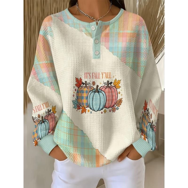 Women's Autumn Waffle Henley Collar Button-Up Long Sleeve Top, Colorful Plaid Pumpkin Maple Leaf Floral Print Casual Pullover