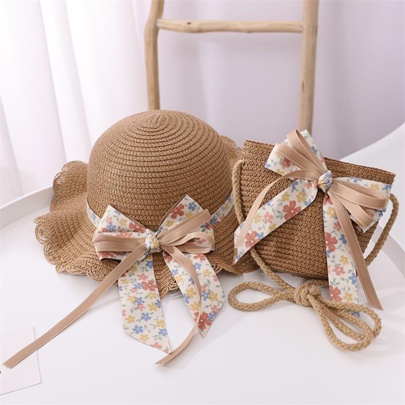 Strohhut für Kinder Sommer Mädchen Strandhut Kinder Sonnenhut Mädchen Sommer Strohhut Tasche Set Sonnenschutz Japan