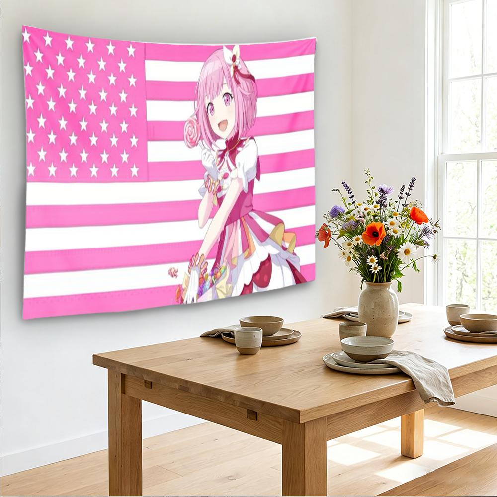 Anime Pink Hair Girl American Flag Tapestry Wall Hanging Cute Lollipop Character Poster Decorative Blanket Bedroom Living Room H