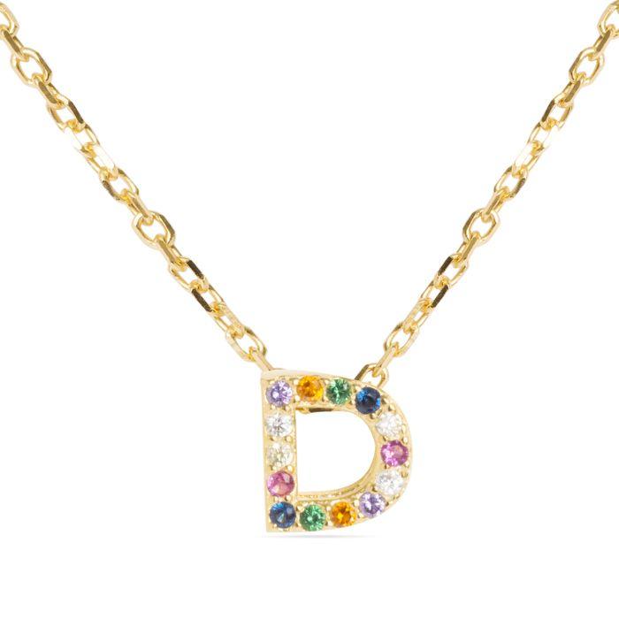 Collier Luxenter en argent 925 avec zircons multicolores finition or jaune 18K - Alphabet D pur