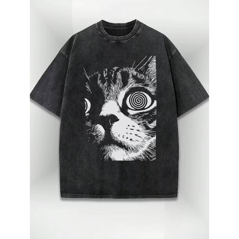 

Vintage Washed Black Hypnotic Swirl Eye Cat Print TShirt Gothic Streetwear Short Sleeve YK Casual Crew Neck Tops for Men Women S