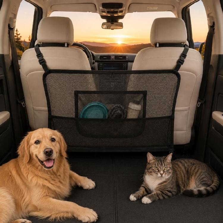 Vehicle Dog Divider Mesh Barrier, Rear Seat Cabin Screen with Headrest Mount, Pocket Detail and 69 X 59 Cm Size Reference, Black, for Car Use