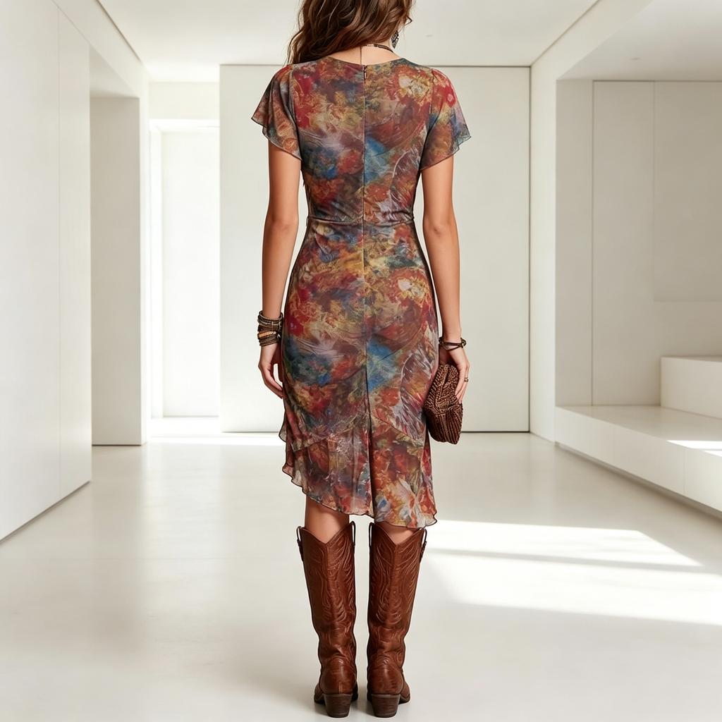 2026 Europäischer und Amerikanischer Stil Bedrucktes V-Ausschnitt Taillenbetontes Kleid für Damen, Schlankmachendes Elegantes Langes Modekleid